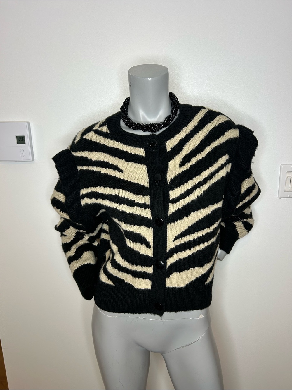 Topshop Black & Cream Zebra-Pattern Button Cardigan